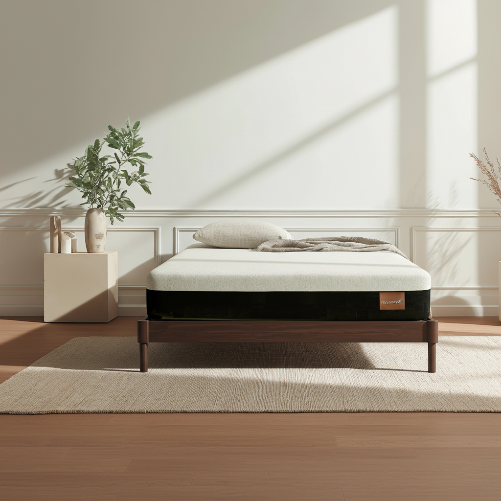 Pressure's Off's latest mattress, shown with a visible brand logo on a white background