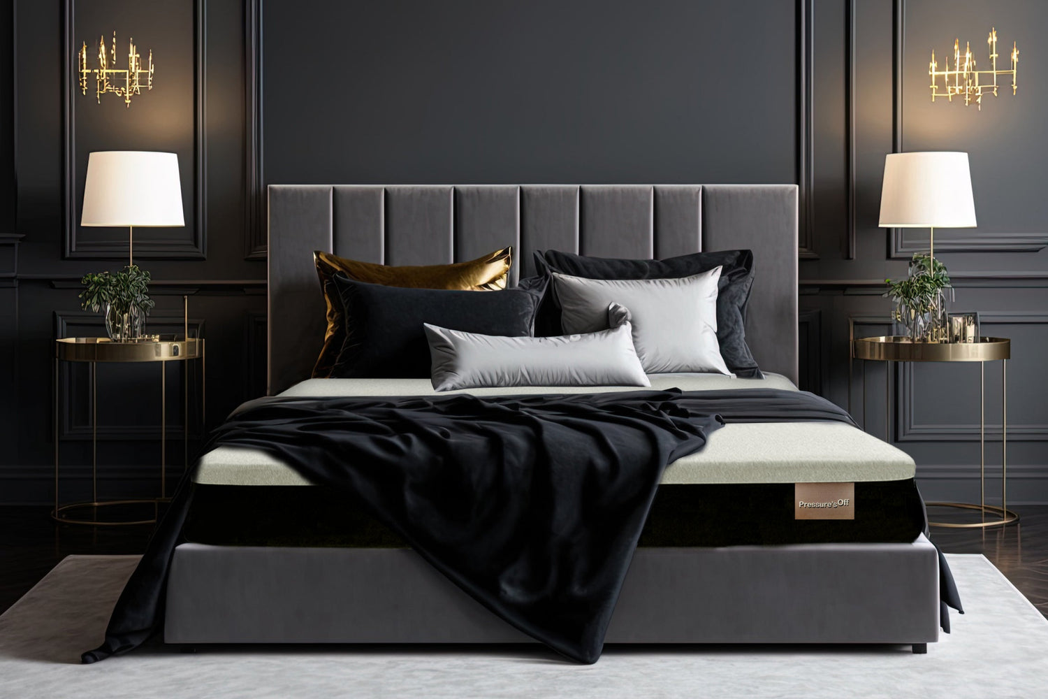 Gray upholstered bed featuring the best mattress for hip, shoulder, and back pain in a luxuriously decorated bedroom.