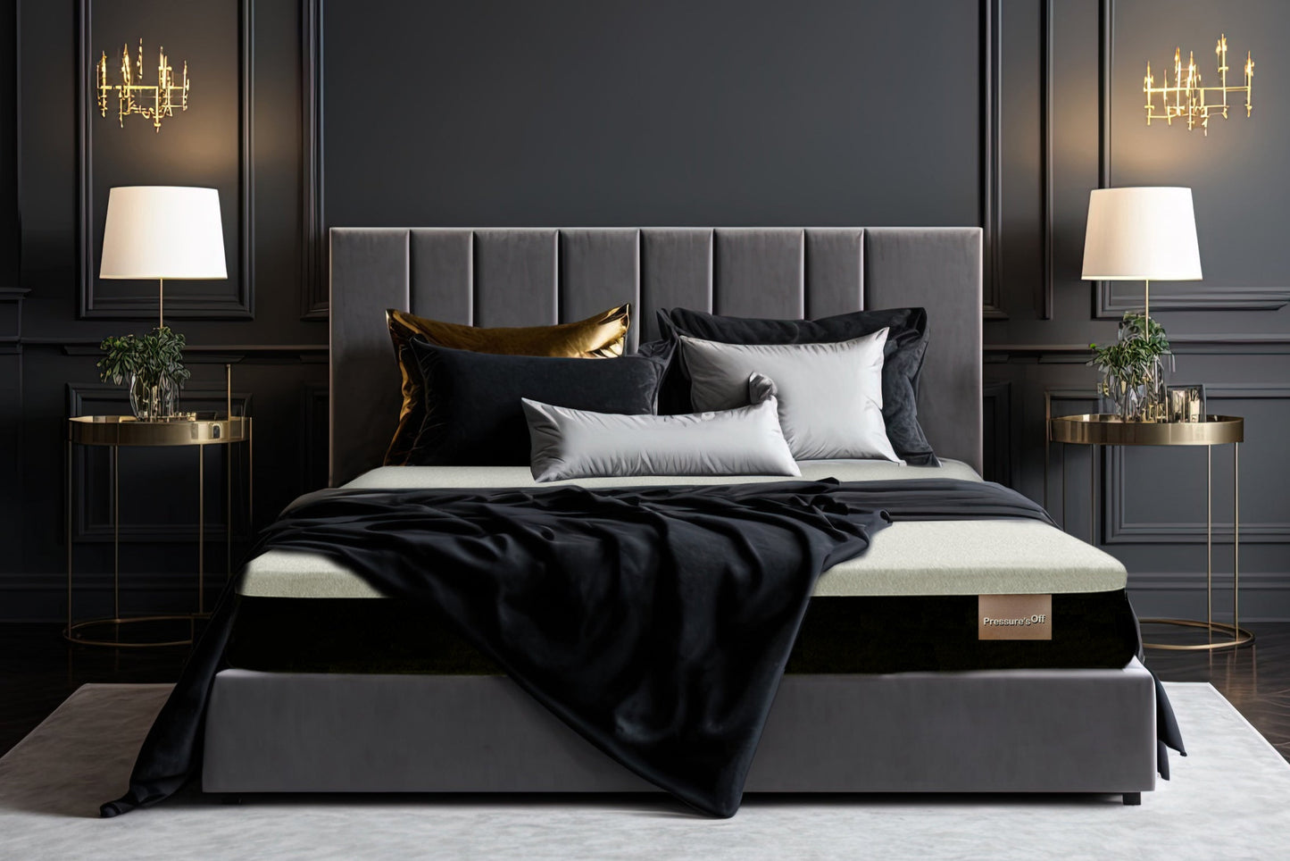 Gray upholstered bed featuring the best mattress for hip, shoulder, and back pain in a luxuriously decorated bedroom.